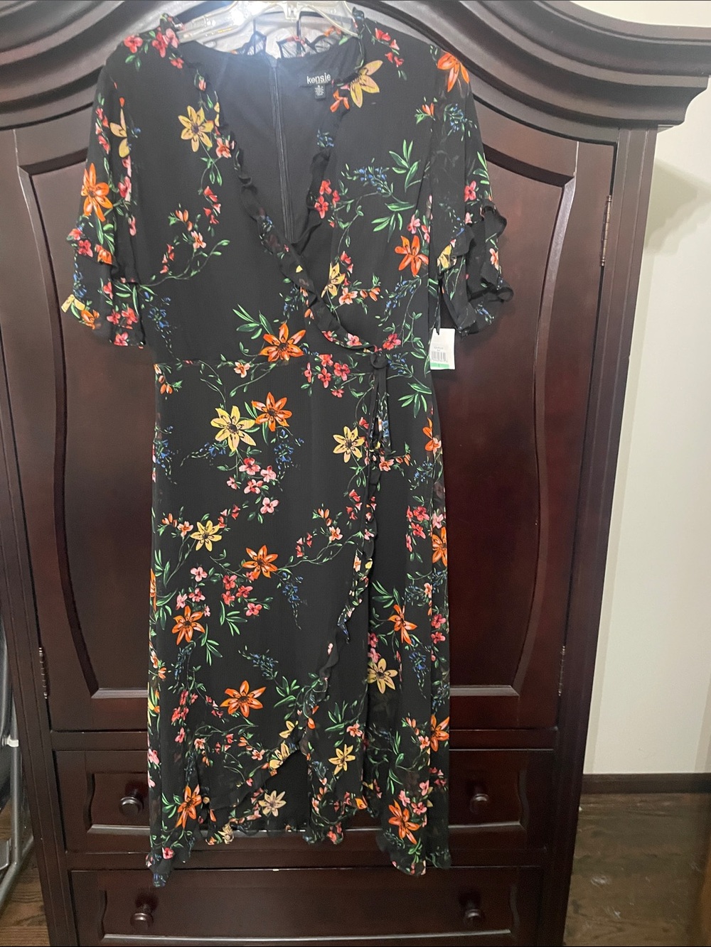 Kensie Black Floral Midi Wrap Dress with Orange & Yellow Blooms